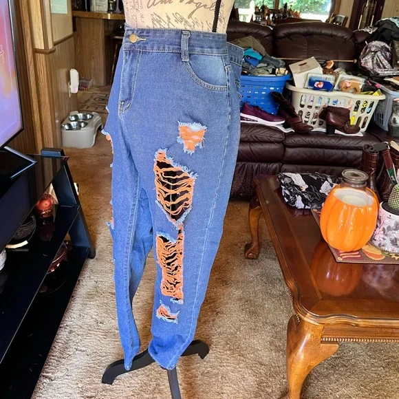 High Rise Jeans for Women Trendy 90s Denim Straight Leg Jeans orange thread rips - Picture 14 of 16